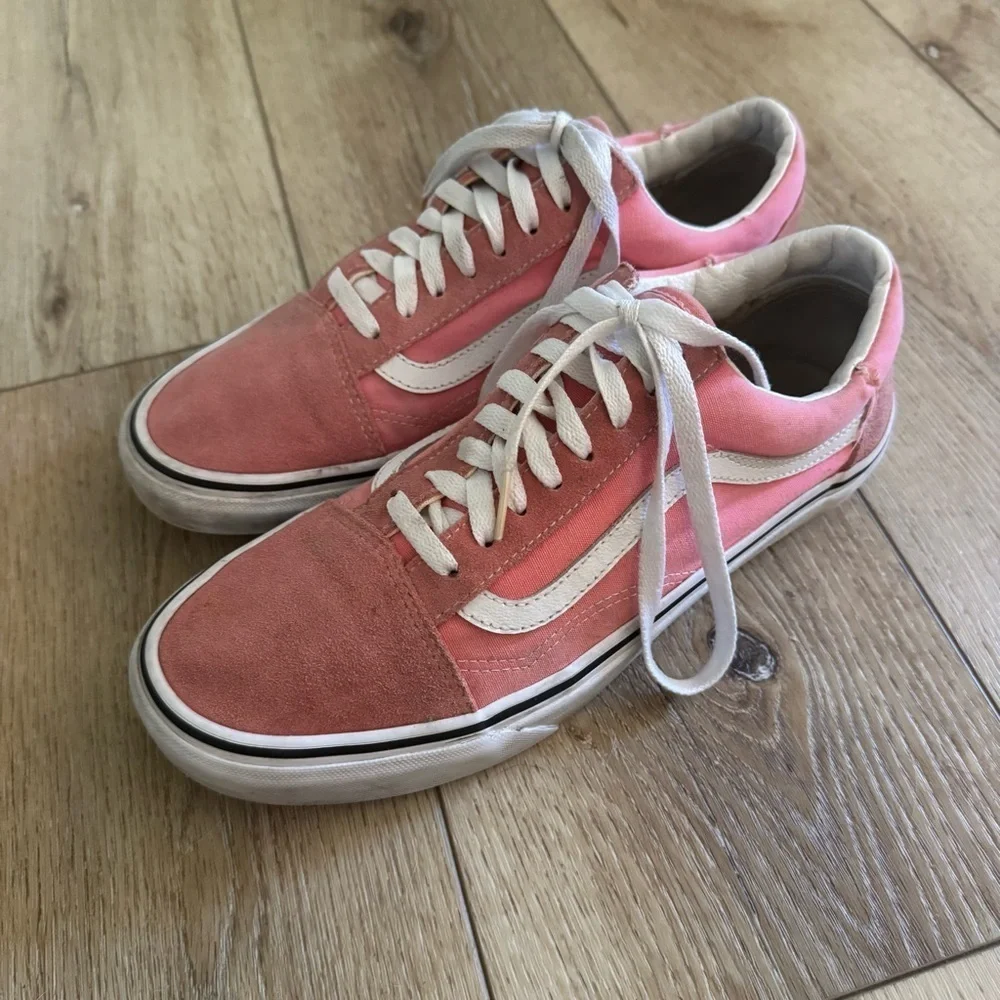 Pink and white Vans sneakers, lace up, suede tips, size 9.5 M or 11 W.